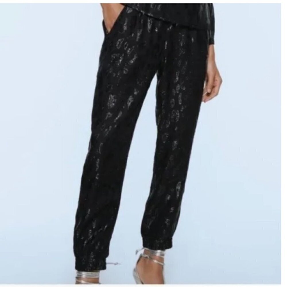 NWOT Zara Womens Black Leopard Print Tie Waist Joggers Size Small Lightweight